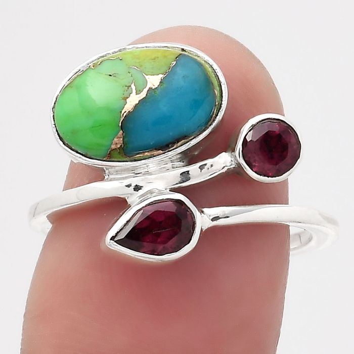 Blue Turquoise In Green Mohave and Garnet Ring size-7.5 SDR136345 R-1237, 7x11 mm