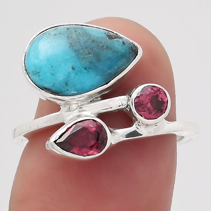 Natural Turquoise Morenci Mine and Garnet Ring size-6.5 SDR136356 R-1237, 8x12 mm