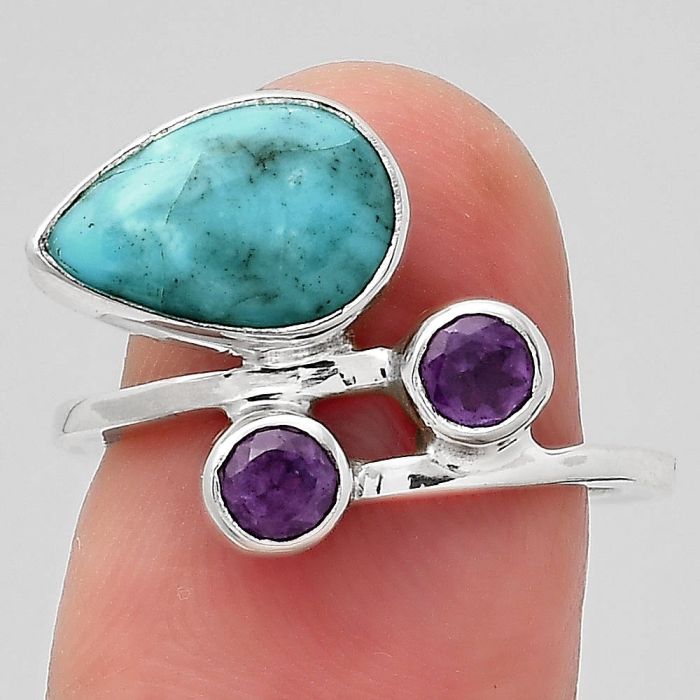 Natural Turquoise Morenci Mine and Amethyst Ring size-6.5 SDR136437 R-1237, 8x12 mm