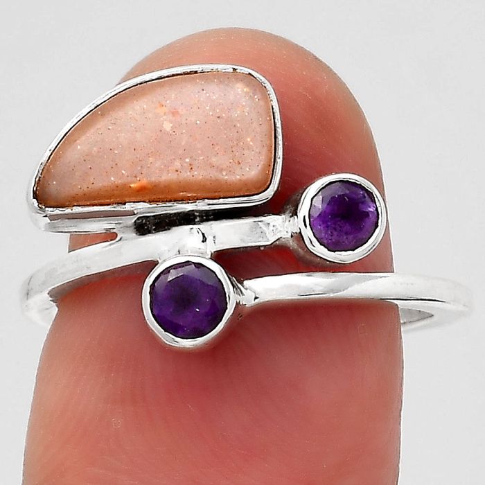 Natural Peach Moonstone and Amethyst Ring size-7 SDR136439 R-1237, 6x11 mm