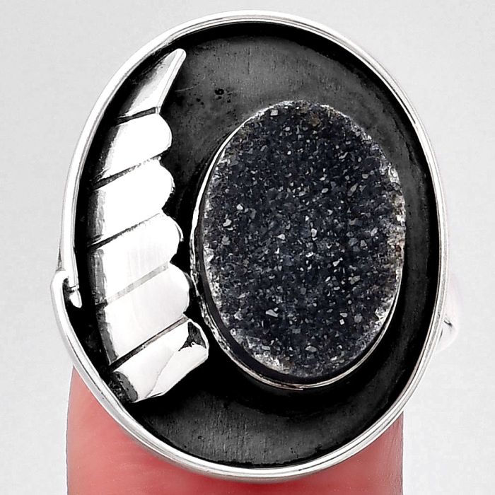 Southwest Design - Natural Black Druzy Ring size-8 SDR148591 R-1554, 10x14 mm