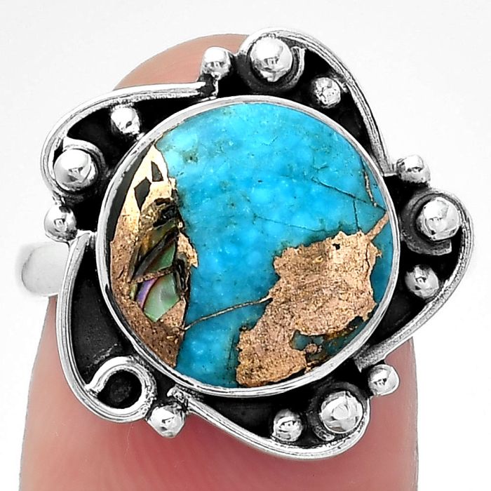 Natural Shell In Black Blue Turquoise Ring size-8 SDR150400 R-1077, 12x12 mm