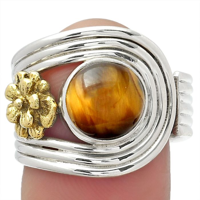 Two Tone Adjustable Flower - Tiger Eye Ring size-8 SDR150919 R-1491, 9x9 mm