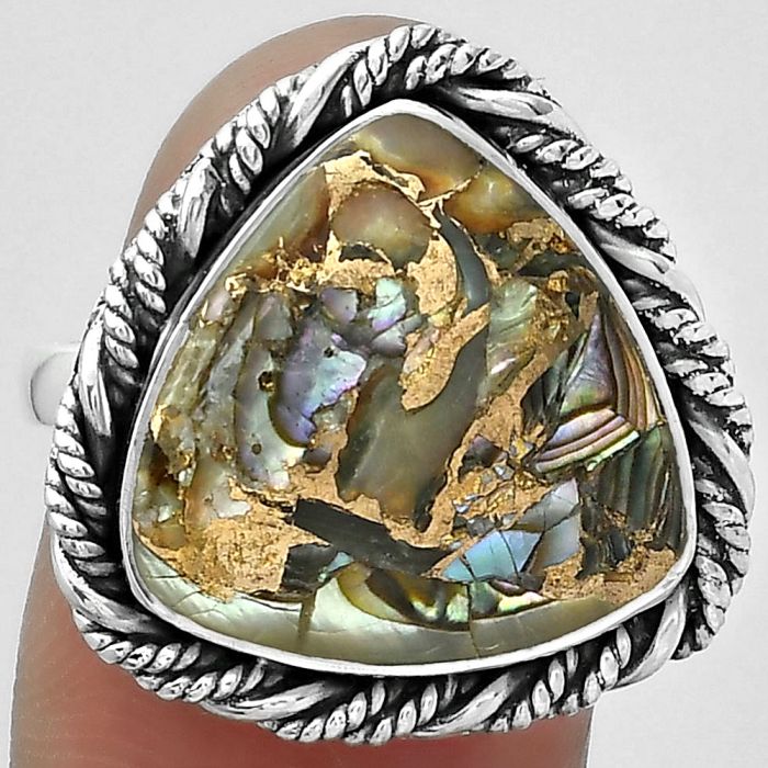 Natural Copper Abalone Shell Ring size-7.5 SDR153922 R-1013, 16x16 mm