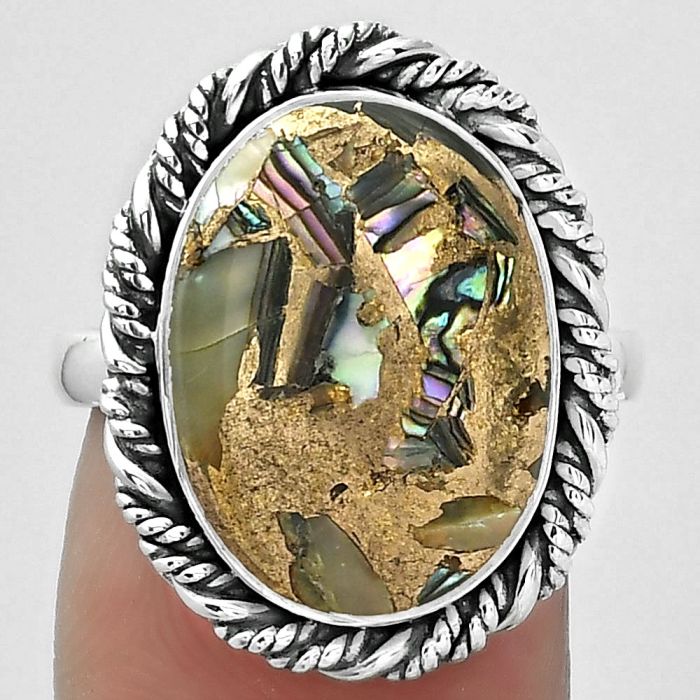 Natural Copper Abalone Shell Ring size-7.5 SDR154024 R-1013, 12x16 mm