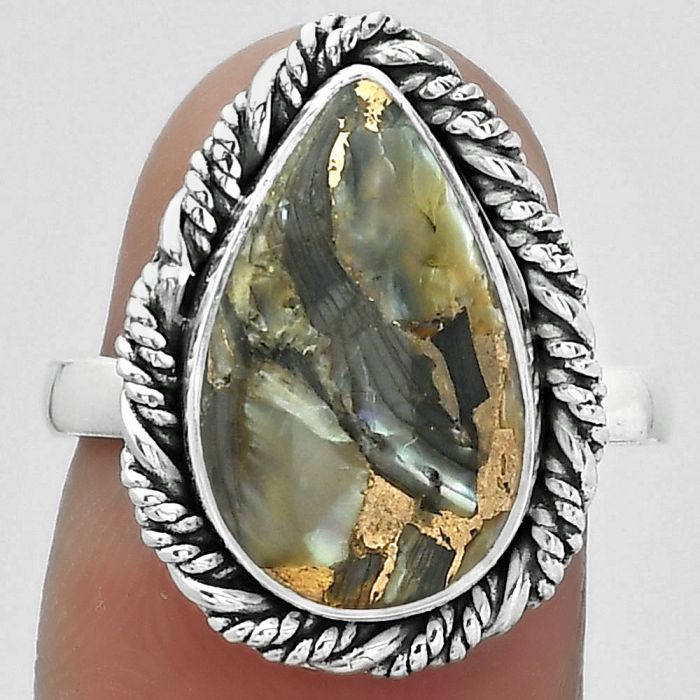Natural Copper Abalone Shell Ring size-7.5 SDR154049 R-1013, 10x16 mm