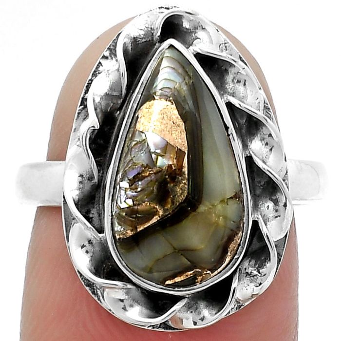 Natural Copper Abalone Shell Ring size-7.5 SDR159868 R-1083, 8x14 mm