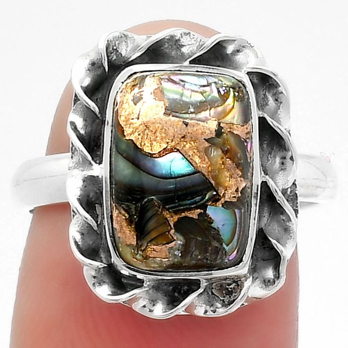 Natural Copper Abalone Shell Ring size-7.5 SDR159926 R-1083, 8x12 mm