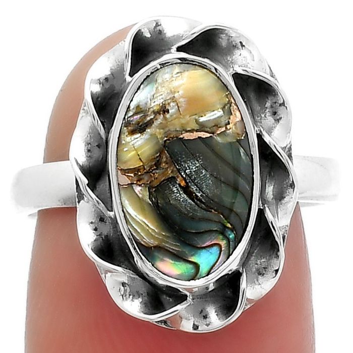 Natural Copper Abalone Shell Ring size-7.5 SDR160098 R-1083, 8x13 mm