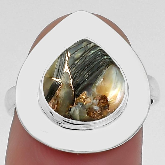 Natural Copper Abalone Shell Ring size-7.5 SDR160235 R-1082, 10x10 mm