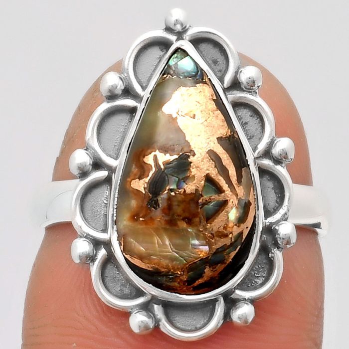 Natural Copper Abalone Shell Ring size-7 SDR164019 R-1092, 9x15 mm