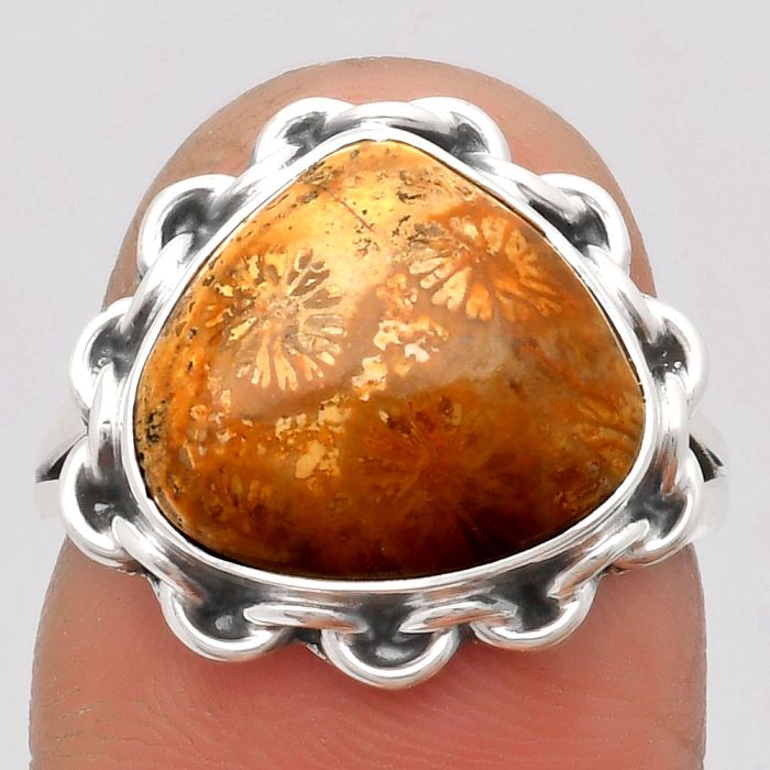 Natural Flower Fossil Coral Ring size-7 SDR164083 R-1093, 12x14 mm
