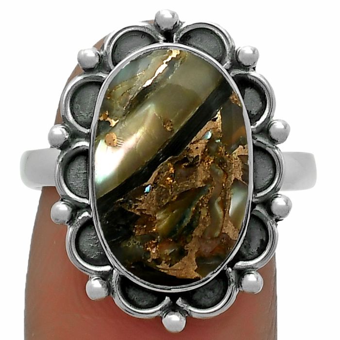 Natural Copper Abalone Shell Ring size-8.5 SDR165519 R-1092, 10x15 mm