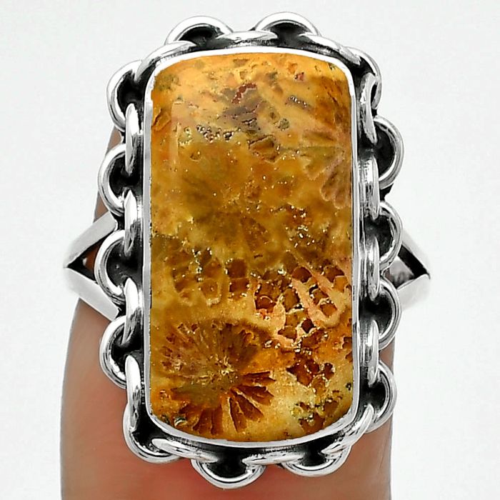 Natural Flower Fossil Coral Ring size-7 SDR165658 R-1093, 10x20 mm
