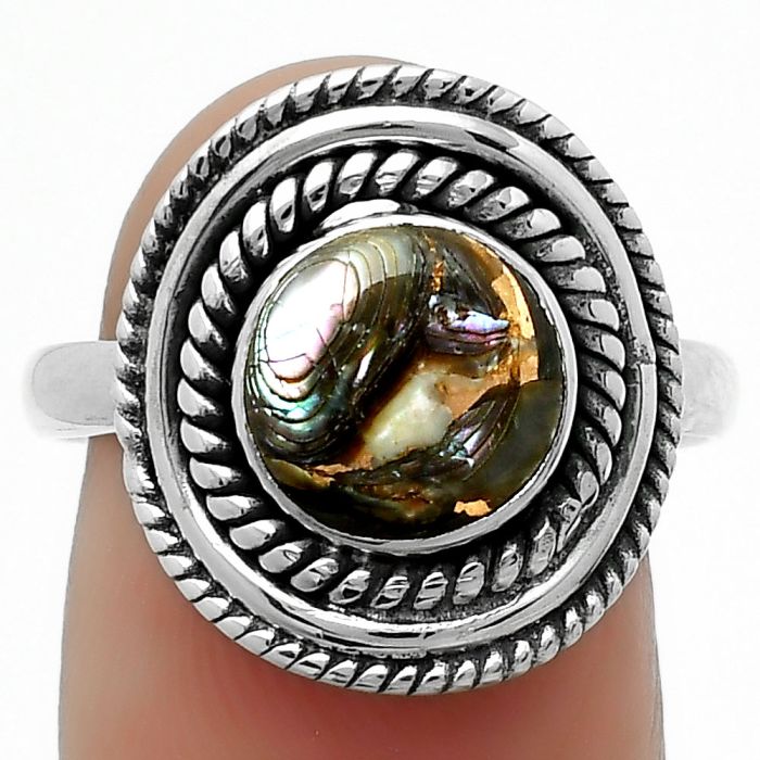 Natural Copper Abalone Shell Ring size-8.5 SDR166209 R-1097, 9x9 mm