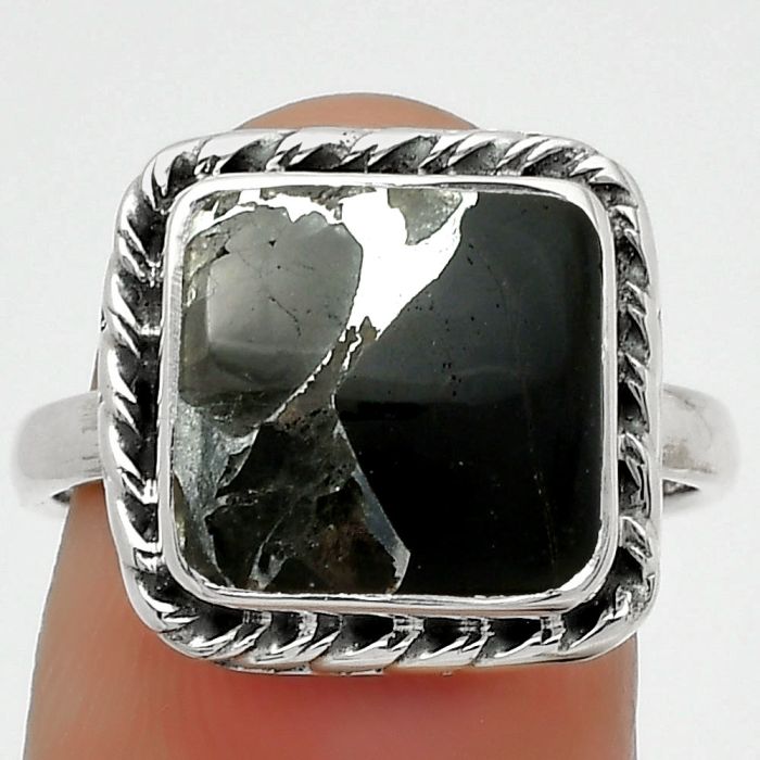 Natural Obsidian And Zinc Ring size-8 SDR168073 R-1083, 11x11 mm
