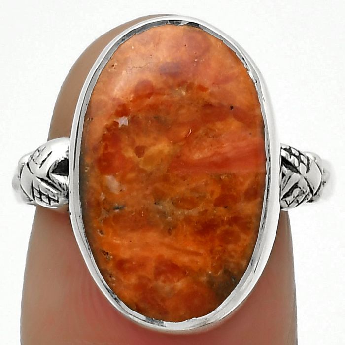 Natural Red Sponge Coral Ring size-7.5 SDR168753 R-1200, 11x17 mm