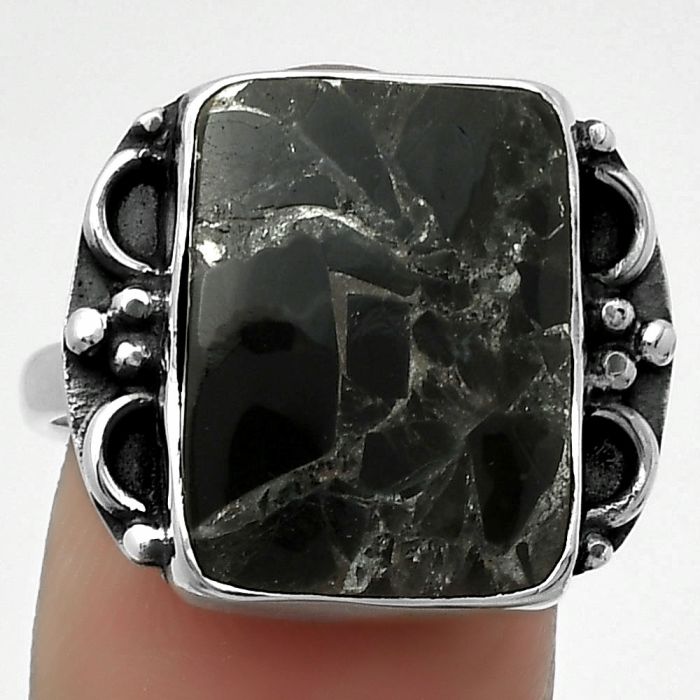 Natural Obsidian And Zinc Ring size-8 SDR168952 R-1103, 13x17 mm