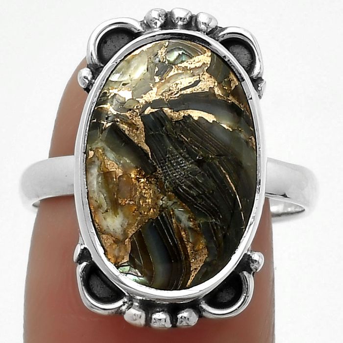 Natural Copper Abalone Shell Ring size-8.5 SDR169003 R-1103, 12x17 mm