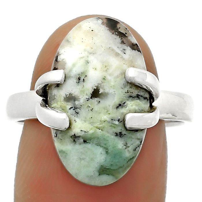 Dendritic Chrysoprase - Africa 925 Sterling Silver Ring s.9 Jewelry SDR170330 R-1504, 11x18 mm
