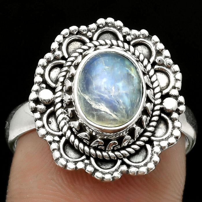 Natural Rainbow Moonstone - India Ring size-8.5 SDR171068 R-1256, 7x9 mm