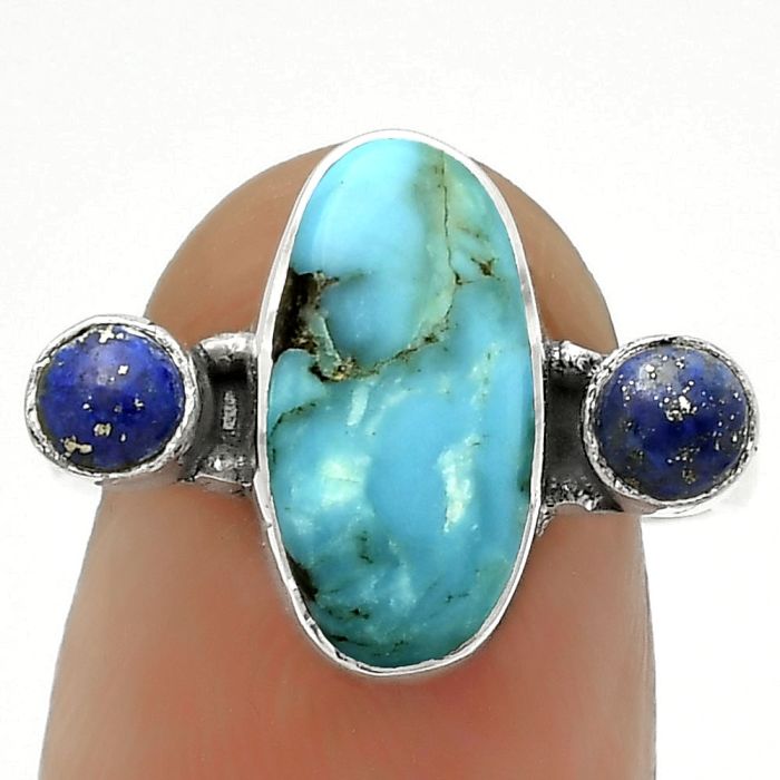 Natural Turquoise Morenci Mine & Lapis Ring size-7 SDR172062 R-1112, 7x14 mm