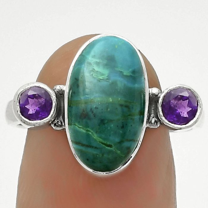 Natural Azurite Chrysocolla & Amethyst Ring size-9 SDR172077 R-1112, 8x14 mm