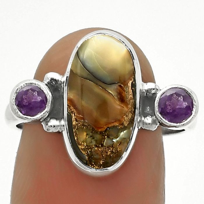 Copper Abalone Shell & Amethyst Ring size-9 SDR172098 R-1112, 8x15 mm