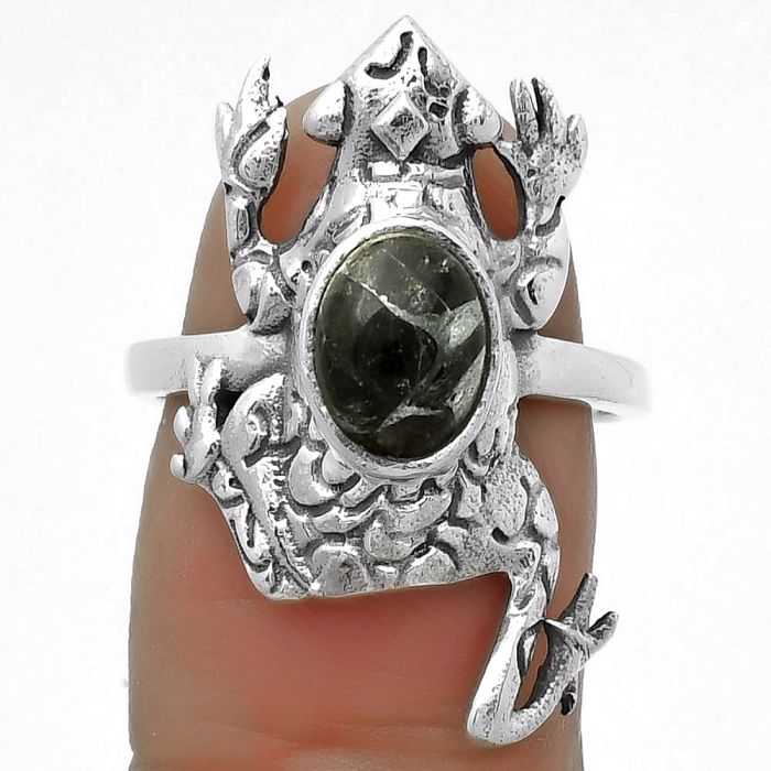 Frog - Natural Obsidian And Zinc Ring size-7.5 SDR172811 R-1113, 6x8 mm