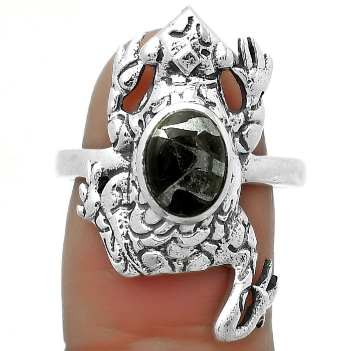 Frog - Natural Obsidian And Zinc Ring size-8 SDR172822 R-1113, 6x8 mm