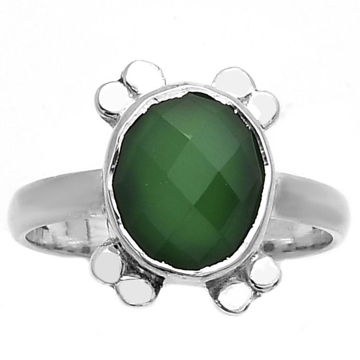 Faceted Natural Green Onyx Ring size-7.5 SDR177025 R-1091, 9x11 mm
