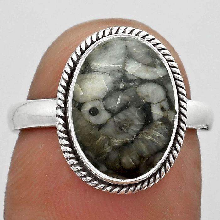 Natural Crinoid Fossil Coral Ring size-7.5 SDR180429 R-1009, 10x13 mm
