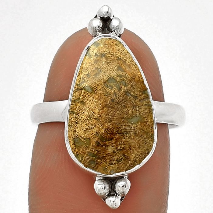 Natural Palm Root Fossil Agate Ring size-7 SDR182812 R-1091, 10x16 mm