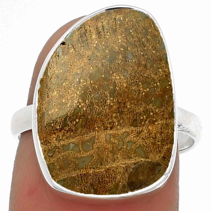 Natural Palm Root Fossil Agate Ring size-7.5 SDR182903 R-1001, 13x19 mm