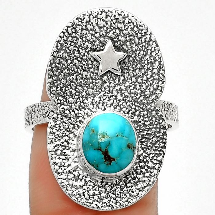 Star - Natural Kingman Turquoise 925 Sterling Silver Ring s.8.5 Jewelry R-1290, 7x8 mm