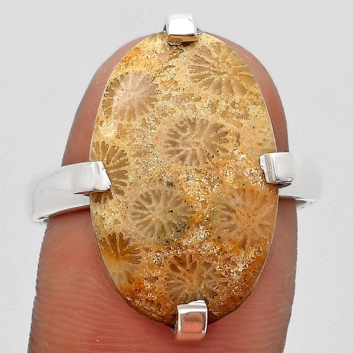 Natural Flower Fossil Coral Ring size-9 SDR187020 R-1089, 14x21 mm