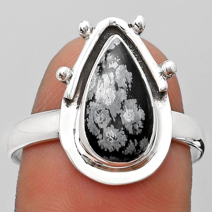 Natural Snow Flake Obsidian Ring size-9 SDR187659 R-1513, 7x13 mm