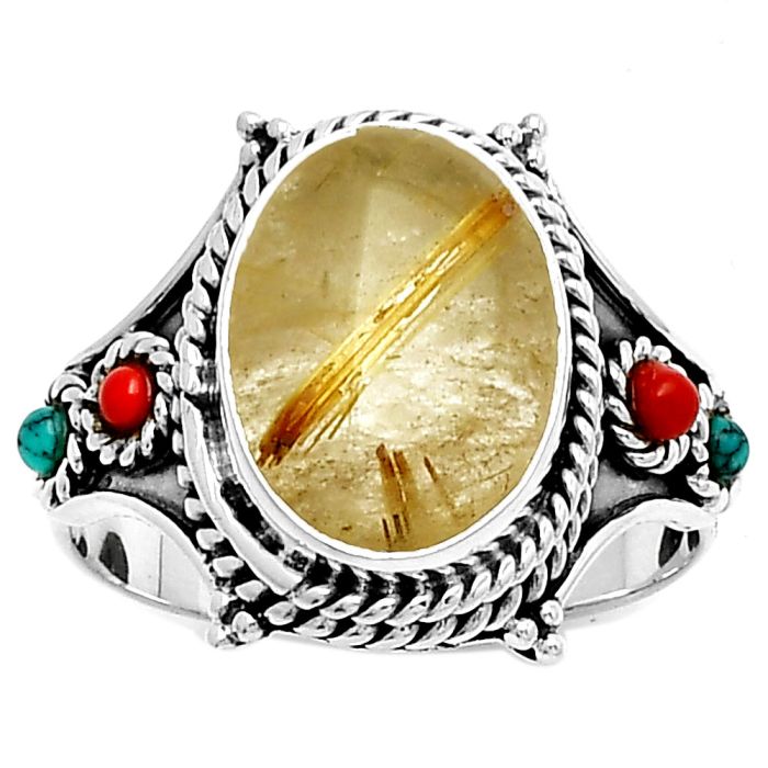 Golden Rutile, Coral & Turquoise Ring size-8.5 SDR188388 R-1510, 9x13 mm