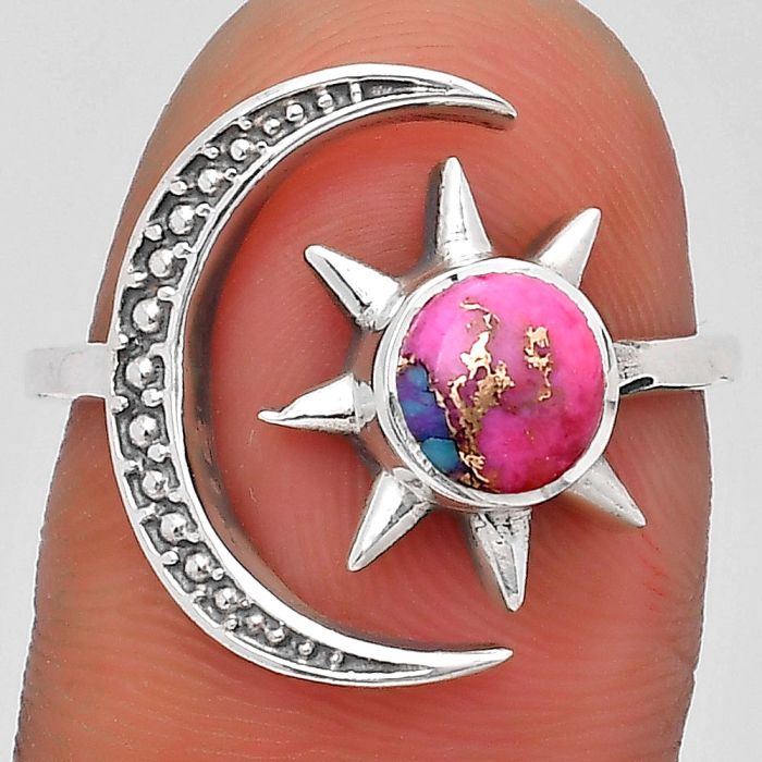 Adjustable Star Moon - Kingman Pink Dahlia Turquoise Ring size-7.5 SDR197755 R-1015, 6x6 mm