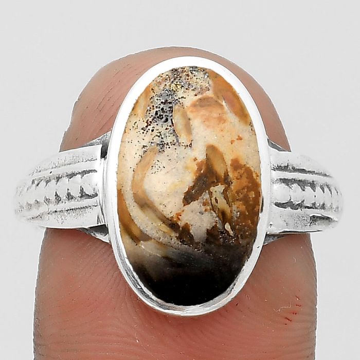 Natural Palm Root Fossil Agate Ring size-8 SDR200557 R-1163, 9x15 mm