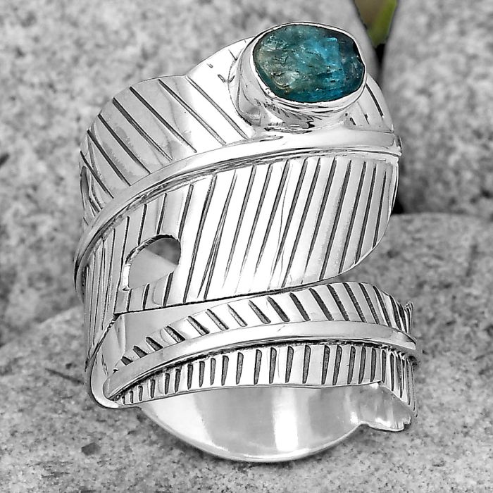 Adjustable Feather - Neon Blue Apatite Rough Ring size-8 SDR201283 R-1473, 5x7 mm