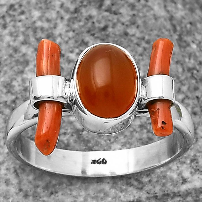 Natural Carnelian & Coral Stick Ring size-8.5 SDR204890 R-1448, 7x9 mm
