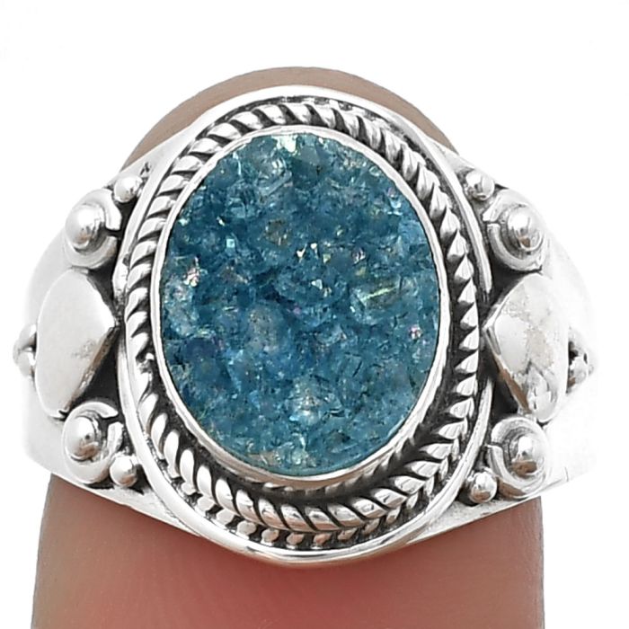 Blue Agate Druzy Ring size-9 SDR206047 R-1291, 9x12 mm