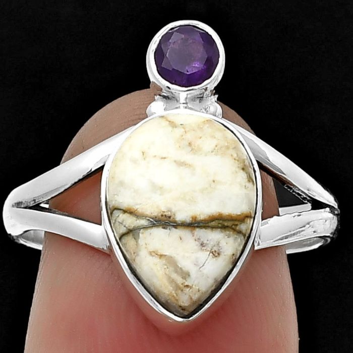 Authentic White Buffalo Turquoise Nevada and Amethyst Ring size-8.5 SDR206297 R-1242, 9x13 mm