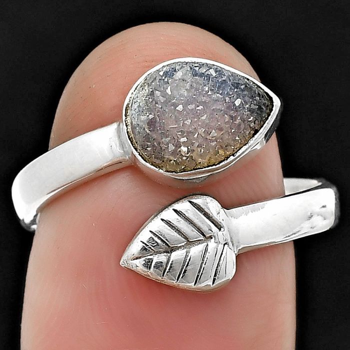 Adjustable - White Agate Druzy Ring size-8.5 SDR208943 R-1440, 7x9 mm