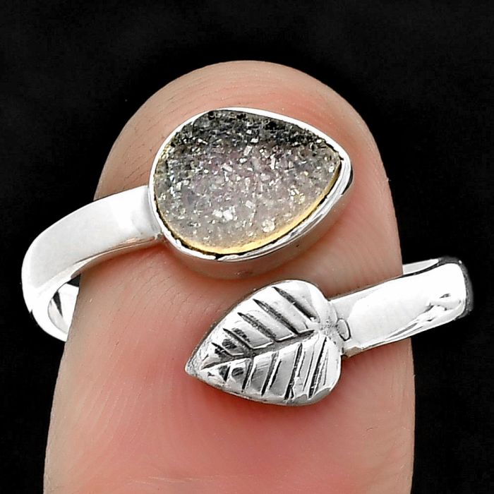 Adjustable - White Agate Druzy Ring size-9 SDR208946 R-1440, 7x9 mm