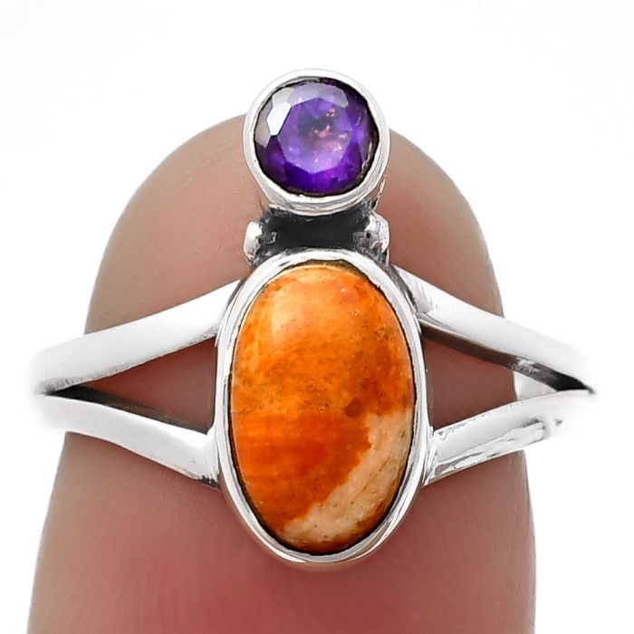 Red Sponge Coral and Amethyst Ring size-7 SDR209518 R-1242, 6x10 mm