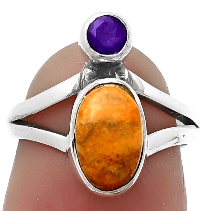 Red Sponge Coral and Amethyst Ring size-5 SDR209535 R-1242, 6x10 mm