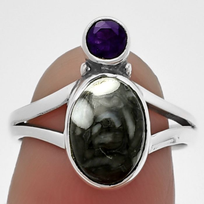 Mexican Cabbing Fossil and Amethyst Ring size-7 SDR209571 R-1242, 8x11 mm