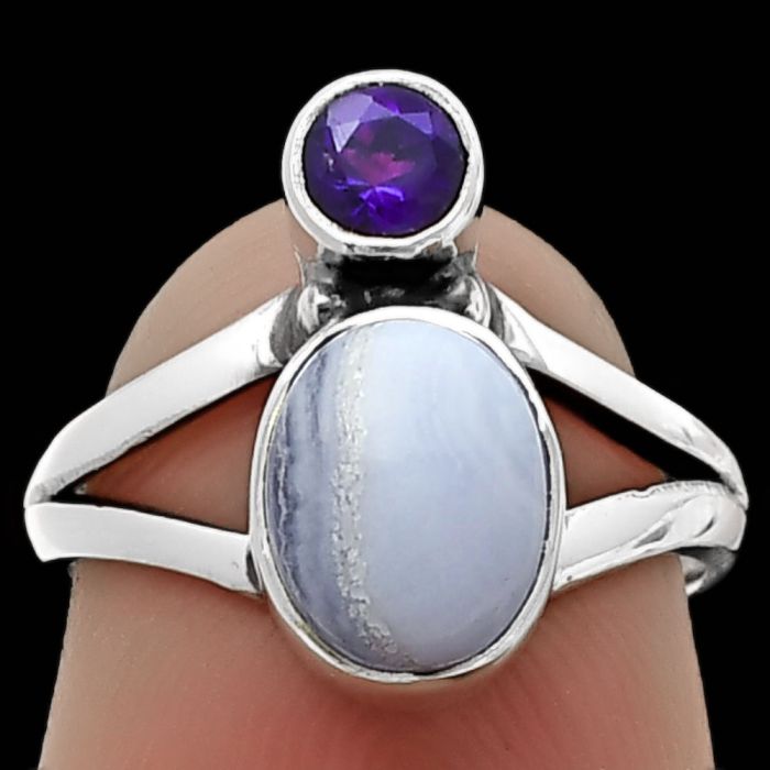 Blue Lace Agate and Amethyst Ring size-5 SDR209584 R-1242, 7x9 mm